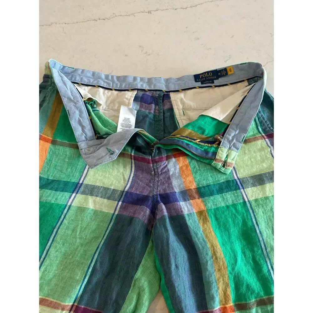 Polo Ralph Lauren Madras Linen Shorts Mens Classic Green Plaid Preppy Summer 35